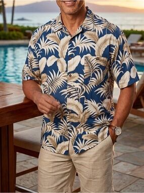 HAWAIIAN  2xL  Button Up SHIRT Puritan Men’s Tan Palm Leaves On Navy size 2XL